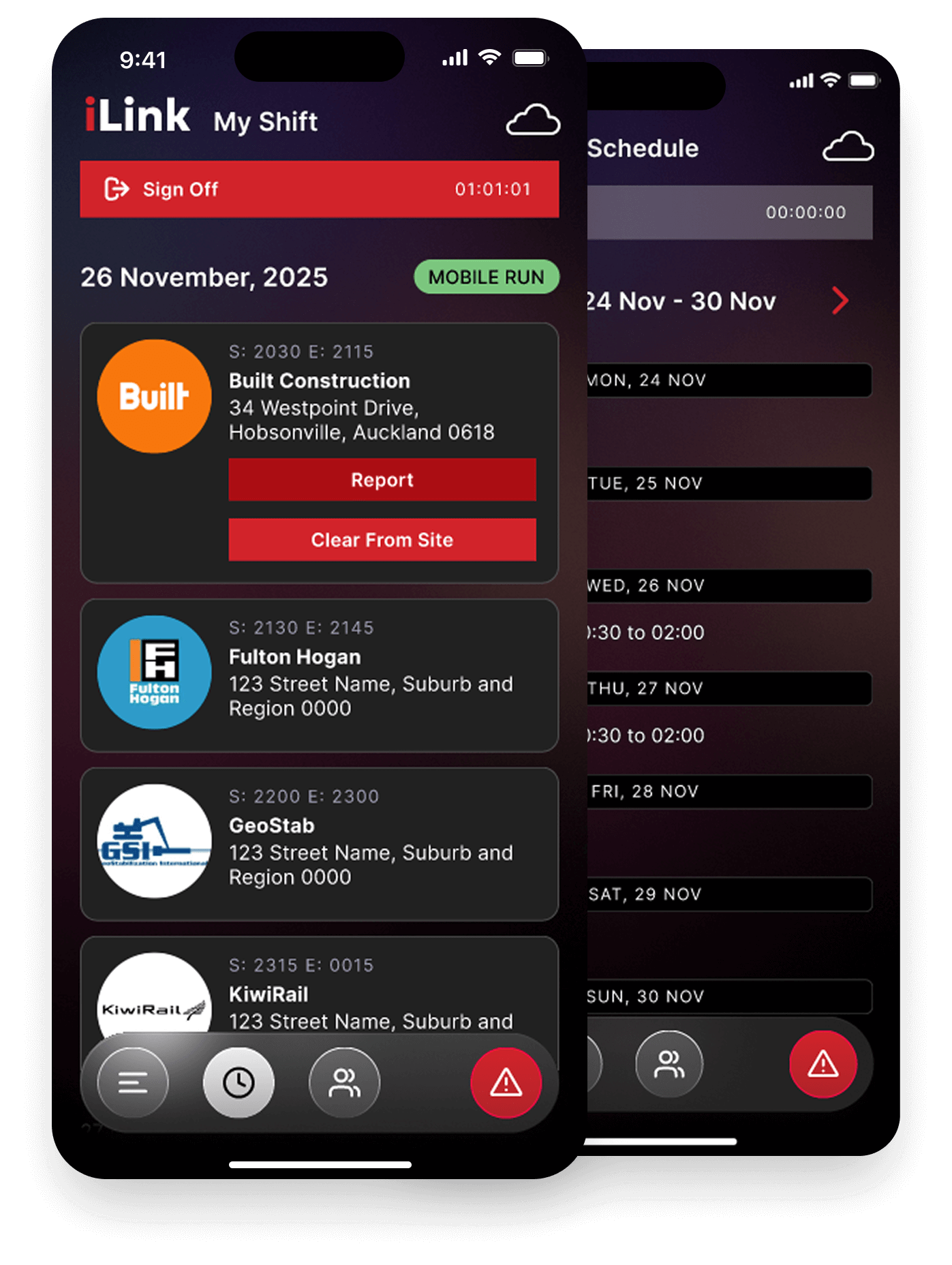 iLink mobile app — shift management, scheduling, and dispatch views