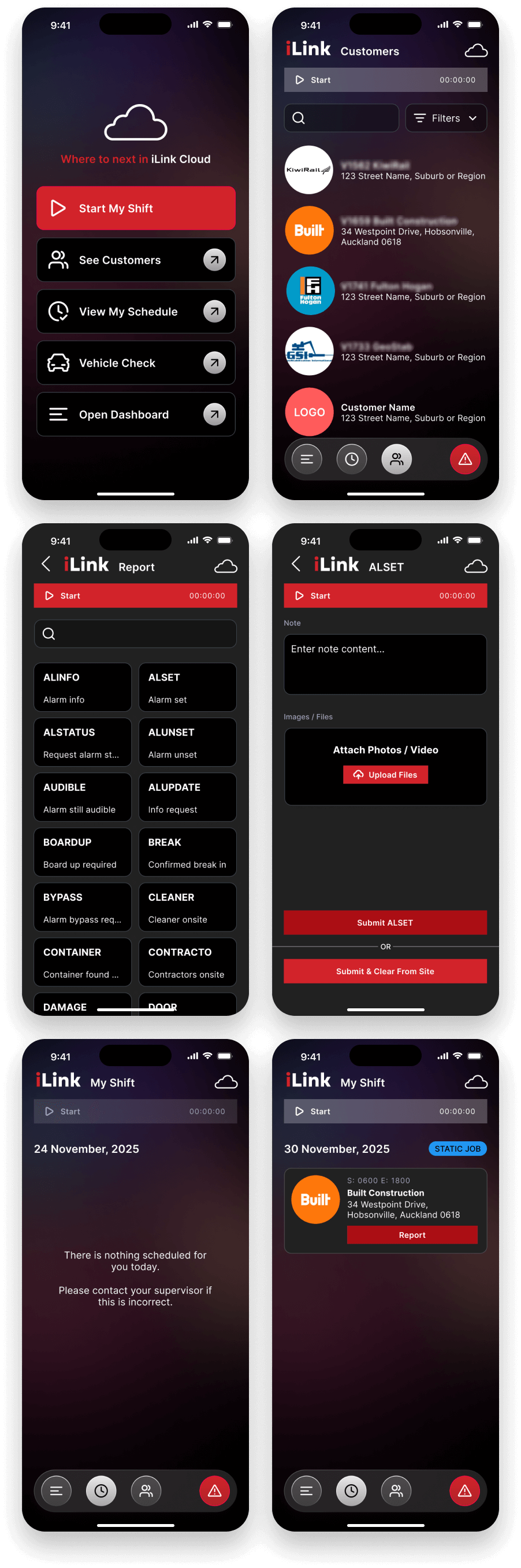 iLink mobile app screens — CRM, vehicle checks, scheduling, key register, and employee management