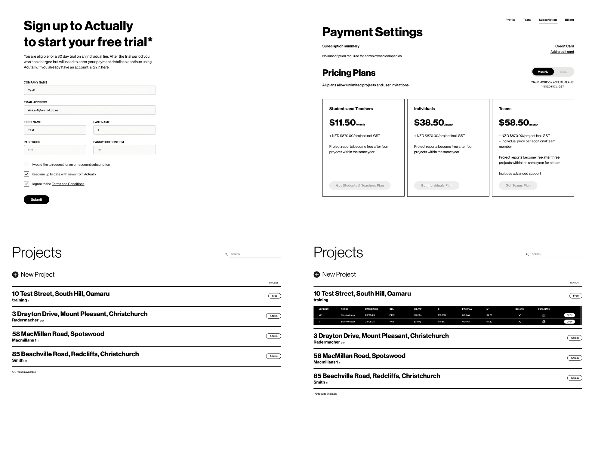 Actually UI — signup, payment settings, and project views