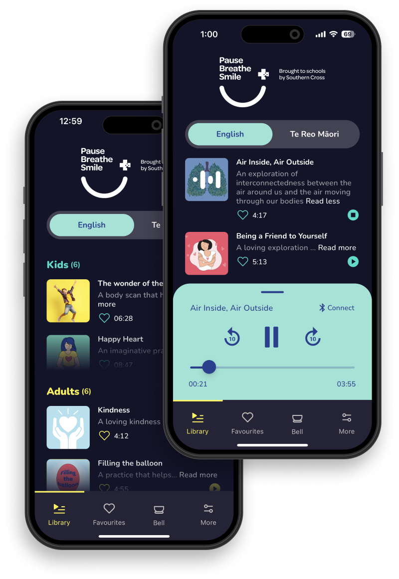 Pause Breathe Smile app screens