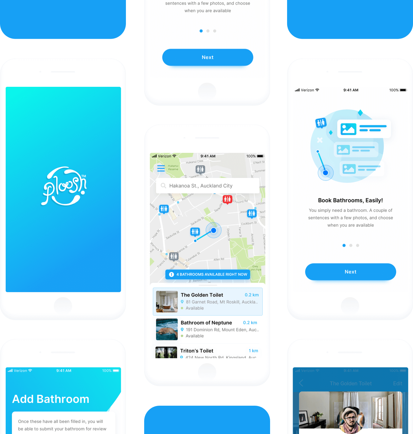 Ploosh app — bathroom locator and host listing screens